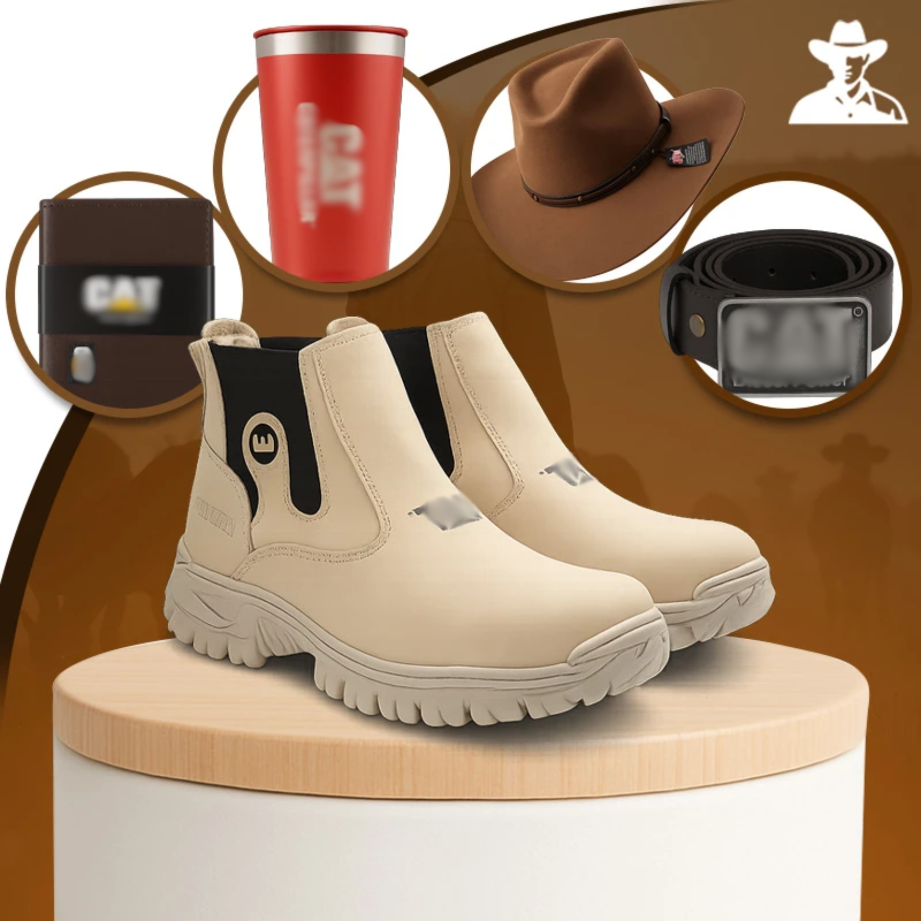 Kit Bota Masculina Barvik em Couro Legítimo e Palmilha Ortopédica +4 BRINDES: Chapéu, Cinto, Carteira e Copo