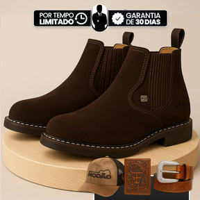 [Kit 4 em 1] Bota Masculina Zemu de Cano Curto em Couro Legítimo com Boné Modão, Cinto Country e Carteira GRÁTIS