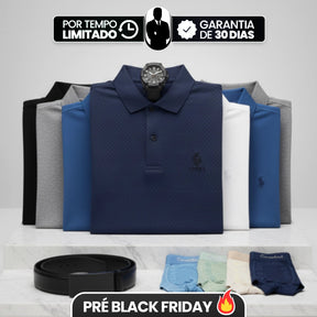 [Leve 6, Pague Só 3] Camisa Polo Ventura Masculina em Algodão, Poliéster e Elastano com Microtextura Geométrica, Botões Frontais e Logo Bordado + BRINDES