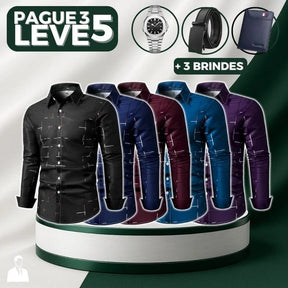 PAGUE 3 LEVE 5 - Camisa Manga Longa Casual European em Seda Gelo e Poliéster + BRINDES: Cinto, Carteira e Relógio