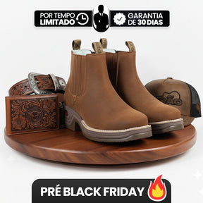[Kit 4 em 1] Bota Masculina Ortopédica Fazenda de Cano Curto em Couro Legítimo com Boné Modão, Cinto e Carteira GRÁTIS