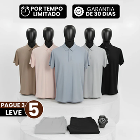 [Leve 5, Pague Só 3] Camisa Polo Varex em Seda Gelada, Poliéster e Spandex + 2 Calças e Relógio GRÁTIS!