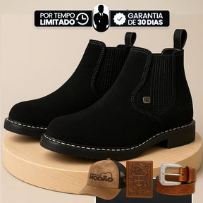 [Kit 4 em 1] Bota Masculina Zemu de Cano Curto em Couro Legítimo com Boné Modão, Cinto Country e Carteira GRÁTIS