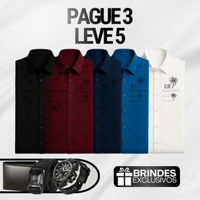 [PAGUE 3 LEVE 5] Camisa Social Masculina Rivanel em 68% Viscose, 27% Seda Tecnológica e 5% Elastano + BRINDES: Cinto, Carteira e Relógio